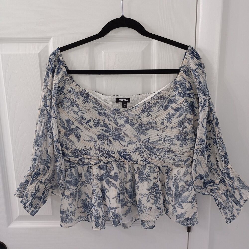Express Blue Floral Off-Shoulder Crop Top